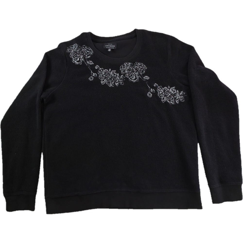 Lucky Brand Sweatshirt Women L Black Floral Embroidered Fleece Pullover